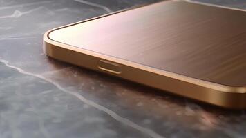 A detailed image of a squareshaped wireless charging pad with a metallic gold finish. The pad has a smooth surface and a slightly raised edge to keep the device in place video