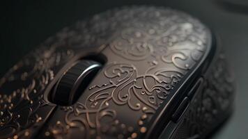 The intricate pattern on the top of a wireless mouse designed for both style and grip video