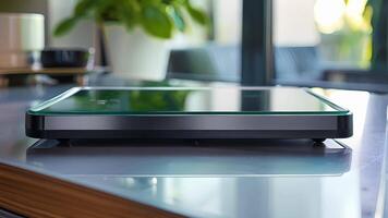 An angled shot of a sleek and modern smart weight scale displaying its tempered glass surface and advanced sensors video