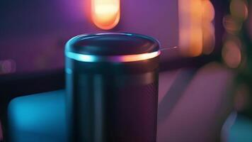 A detailed shot of a home assistants microphone with a small LED light indicating that it is actively listening for voice commands video
