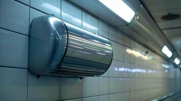 A closeup of a solarpowered hand dryer inside a public restroom eliminating the need for paper towels video