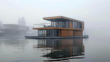 A panoramic view of a solarpowered floating house on a foggy morning highlighting the selfsustaining nature of this unique type of housing video