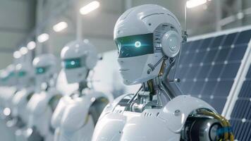 A group of robots in a clean and efficient factory all powered by solar energy video