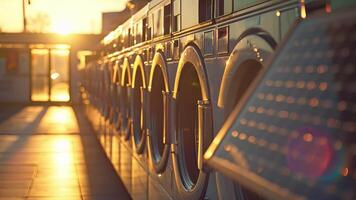 The sun shines down on a bustling laundromat its solar panels effectively powering the many washing and drying machines inside video