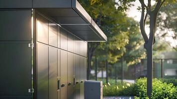 A side view of a modern solar restroom with a sleek design utilizing natural light and reducing energy consumption video