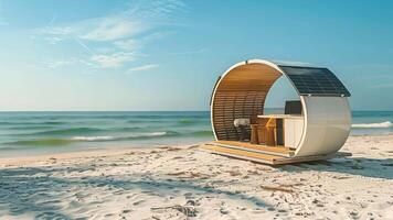 A photo of a solar powered workstation on a beach providing a unique and energizing workspace for individuals who love to work by the ocean video