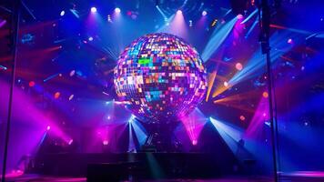das Feste Main Bühne mit ein Riese bunt solarbetrieben Disko Ball Erstellen ein blendend Licht Anzeige während Nachtzeit Aufführungen video