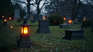 A peaceful graveyard softly lit by solar lanterns p on the graves of historical figures and notable individuals video