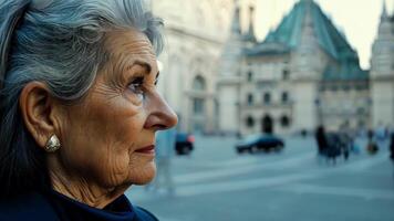 In the midst of urban chaos a greyhaired woman calmly observes the intricate details of an ornate architecture.. video