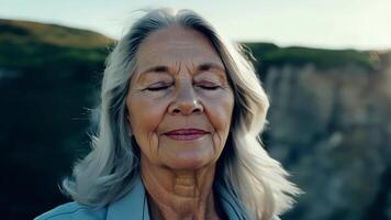 Standing on the edge of a cliff a middleaged woman closes her eyes and takes a deep breath her silver hair billowing in the wind a symbolic representation of her unwavering. video