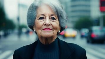 Striding confidently down a busy sidewalk a middleaged womans grey hair moves with her like a symbol of the inner strength and wisdom she possesses.. video