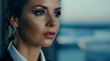 A graceful woman in a tailored suit exudes power and confidence as she looks off into the distance. video