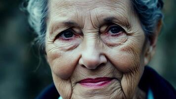 A mutedtoned portrait of a senior woman her weathered face b with stories and lessons from a lifetime of learning.. video