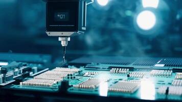 A robotic arm precisely places tiny chips onto a circuit board in the production of a gaming console.. video
