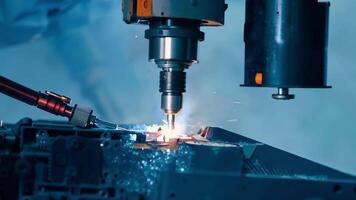 Closeup of a robotic arm welding together components for a satellites propulsion system.. video