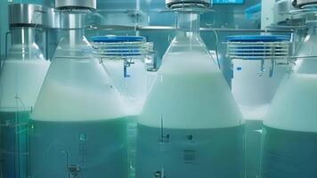 Rows of bioreactors bubble and churn converting sugar and oxygen into lifesaving medicines.. video