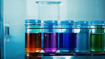 Multiple test tubes containing colorful liquids lined up neatly on a lab counter in preparation for further processing.. video