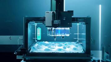 A futuristic 3D bioprinter precisely depositing layers of living cells to create human tissues and .. video