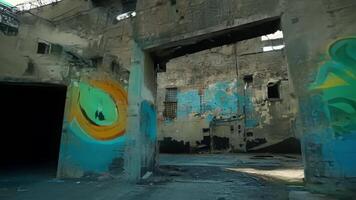 The decayed and crumbling factory walls are adorned with colorful graffiti adding a touch of urban art to the scene.. video
