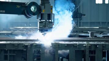 Upclose look at robotic arms efficiently welding large metal structures.. video