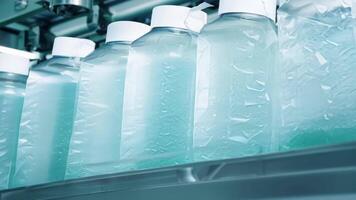 Sheets of plastic wrapping gently shrinking and conforming to the shape of the bottles as they move through the packaging phase.. video