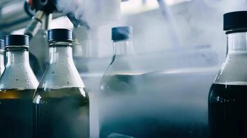 Steam rising from the open necks of freshly filled bottles as they are capped and labeled.. video