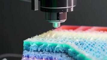 Slowmotion footage of a 3D printers extruder melting and shaping a colorful multilayered object.. video