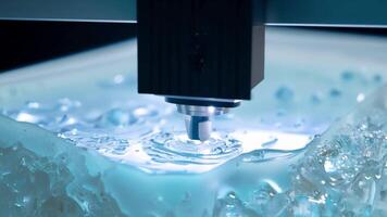 Slowmotion footage of a DLP digital light processing 3D printer using a projector and photosensitive resin to create a highly detailed object.. video