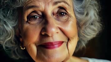 A portrait of a wiselooking older woman with a head full of beautiful grey curls surrounded by a spread of tasty snacks and drinks.. video