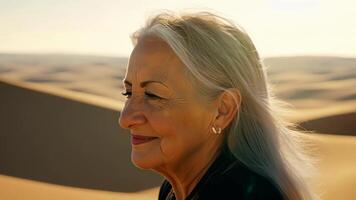A solitary greyhaired woman standing atop a towering sand dune taking in the breathtaking view of the endless desert expanse.. video