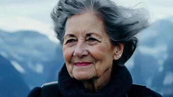 She stands tall and poised on a mountaintop the wind blowing through her greying locks as she basks in the feeling of confidence and selfassurance.. video