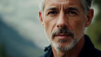 A rugged and handsome man with saltandpepper stubble captures attention in this closeup portrait.. video