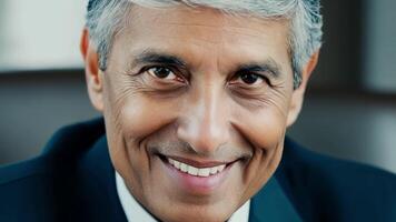 A senior exeive with grey hair smiling at the camera while seated at a desk full of paperwork.. video
