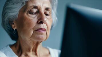 Candid shot of a greyhaired woman typing away on her computer with a determined expression on her face.. video