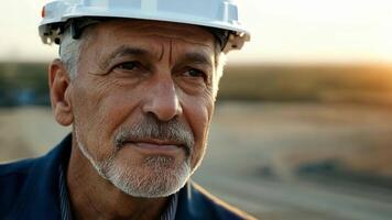 A skilled silverhaired engineer overseeing a construction site with confidence and competence.. video