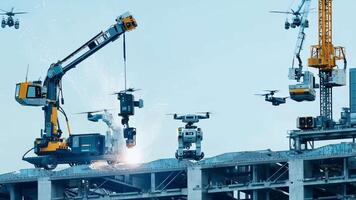 A group of robots work together to construct a building carrying heavy materials and assembling them with precision.. video