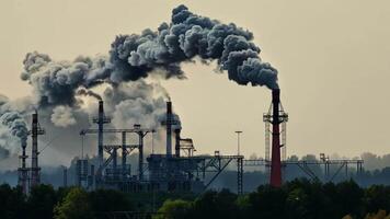 Smokestacks billowing thick clouds of exhaust as the factory works around the clock.. video