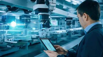 A robotic arm carefully picks up and positions small electronic pieces while a worker monitors the process to ensure precision.. video