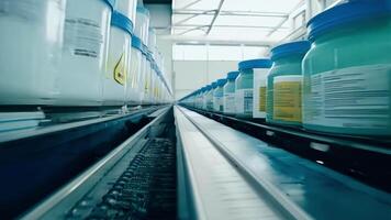 A conveyor belt carrying containers of various chemicals smoothly passing by in a welloiled machine.. video