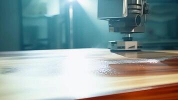The smooth and precise movements of a robotic arm as it polishes and buffs a wooden desk to a high shine.. video