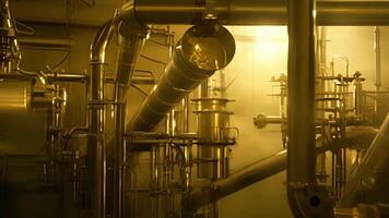 Brightly lit pipes and valves run throughout the factory transporting the ingredients to their designated production areas.. video
