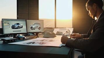 A car designer sketching and working on a new model prototype in a creative studio. video