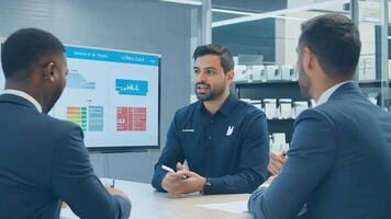 A retail manager conducting a team meeting, discussing sales strategies and customer service. video