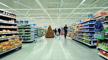 A well-organized grocery store aisle with neatly stacked products and customers browsing. video