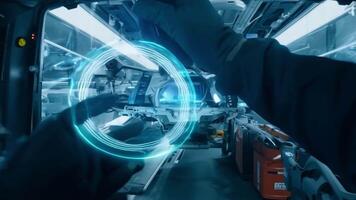 A mechanic in a high-tech garage working on a car engine, using advanced diagnostic tools. video