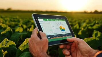 A farmer inspecting the growth of crops using a tablet, with detailed data displayed on the screen. video