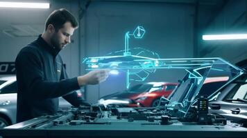 A mechanic in a high-tech garage working on a car engine, using advanced diagnostic tools. video