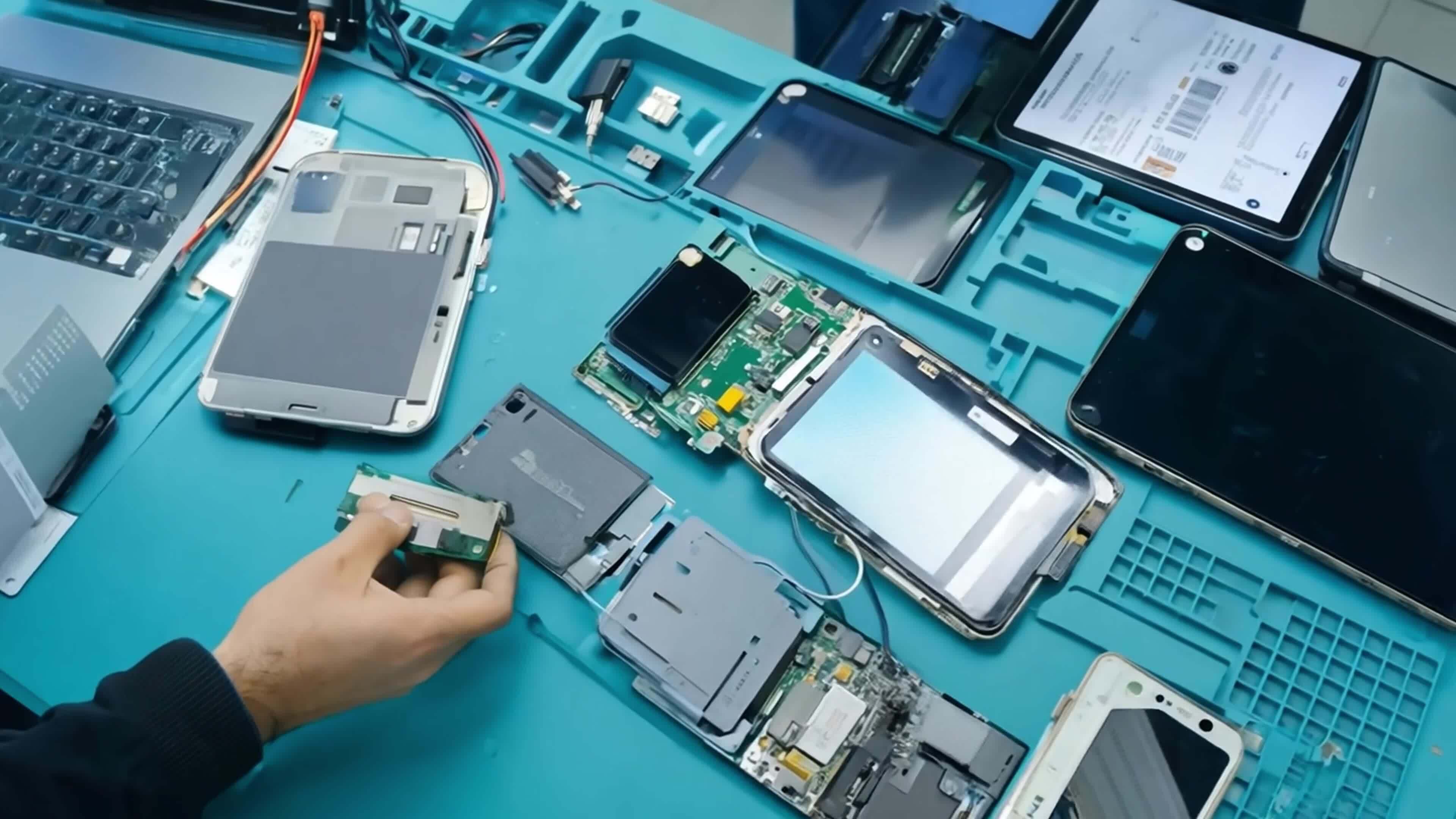 A tech repair shop, technicians fixing various gadgets from smartphones ...