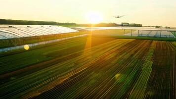 A modern farm with automated tractors in the fields, drone technology monitoring crops, and greenhouses with hydroponic systems. video