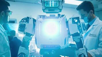 Engineers working on a sleek, futuristic robot, assembling and testing its functions in a well-lit lab. video